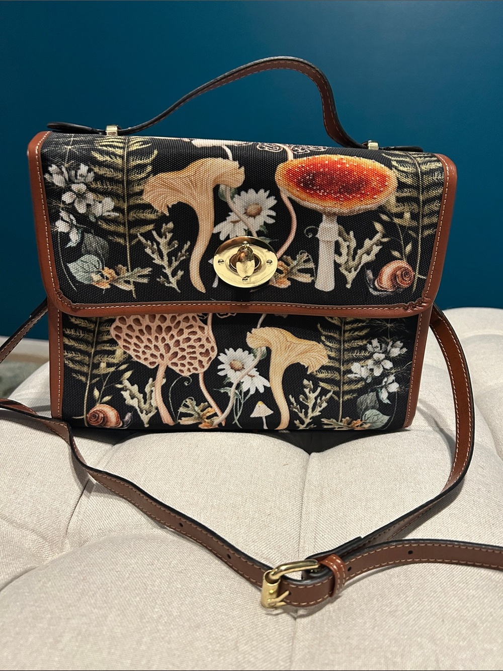 Floral Mushroom Print Crossbody Bag in Black and Brown